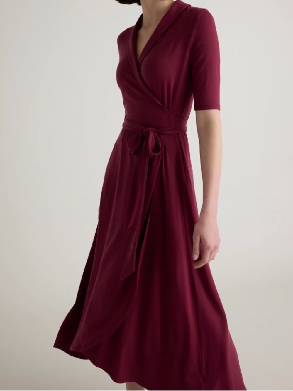 Quince Tencel Jersey Midi Wrap Dress Wine Red XS New With Tags Asymmetrical Hem - Picture 7 of 10